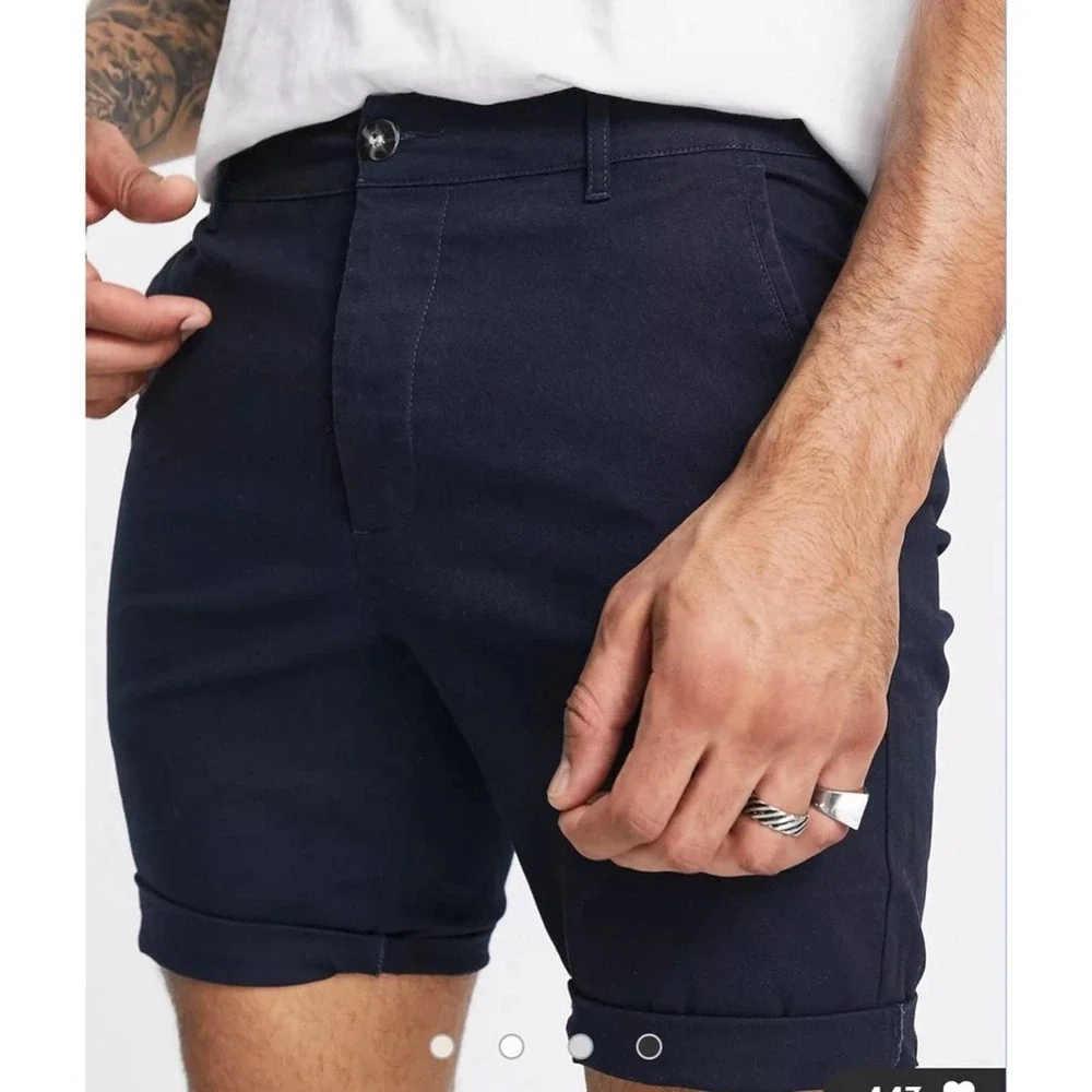 Asos Design NEW Button Fly Skinny Chino Shorts in Navy Blue 38 Waist - Picture 7 of 7